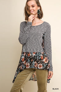 S Only - Long Sleeve Floral Print Ruffle Shirt