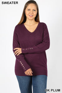 *M only* Dark Plum V-Neck Sweater with Rose Gold Buttons